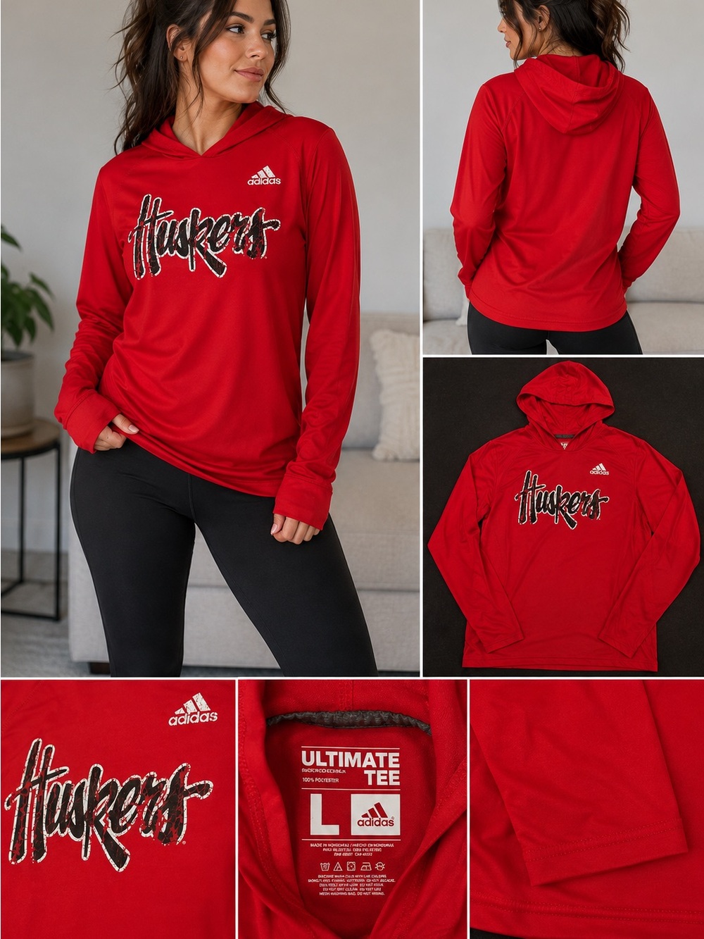 adidas Women's Red 'Huskers' V-Neck Hooded Long Sleeve Top